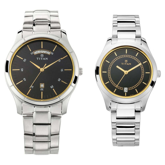 Titan Bandhan Blue Dial Analog with Day and Date Stainless Steel Strap watch for Couple
