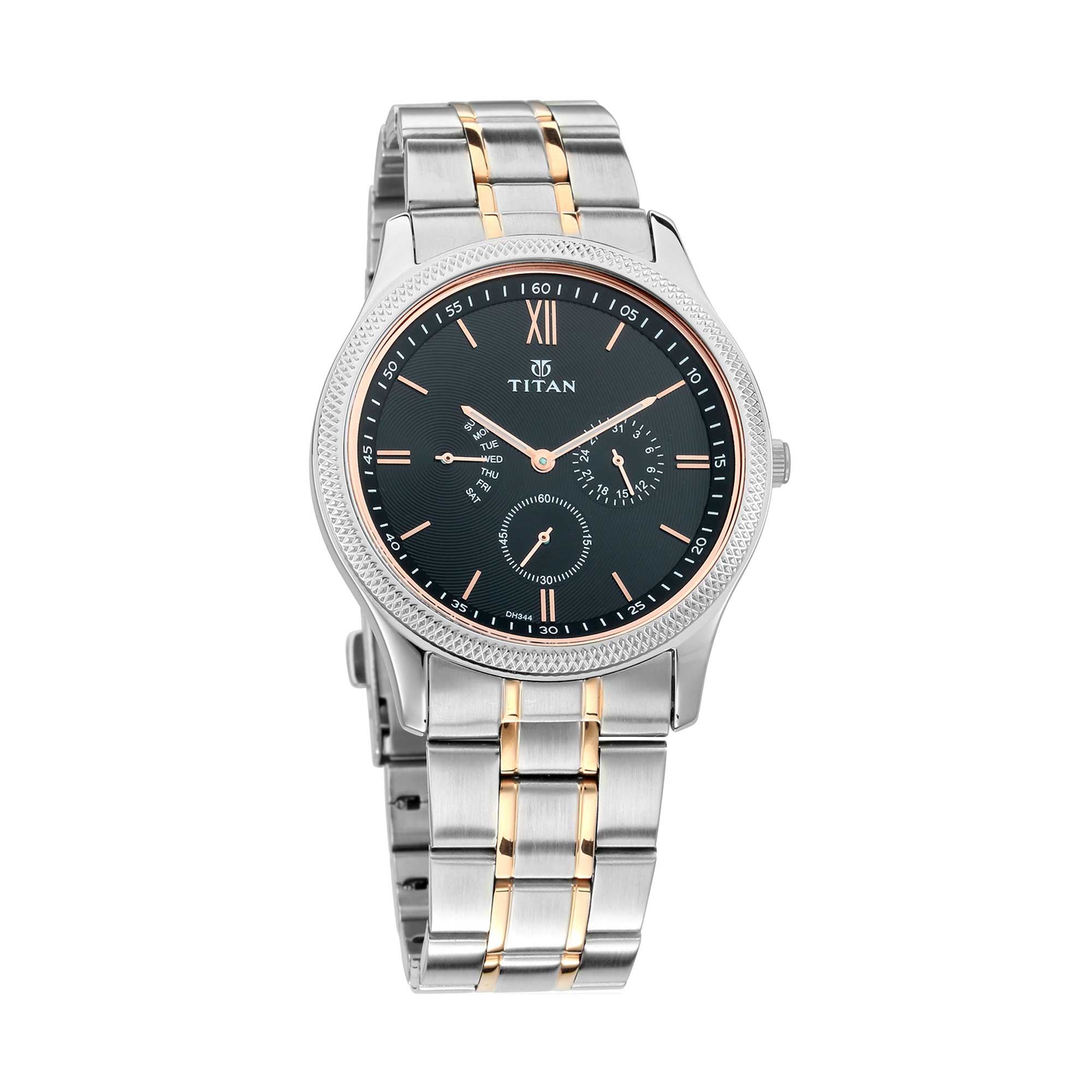 Titan Quartz Multifunction Black Dial Stainless Steel Strap Watch