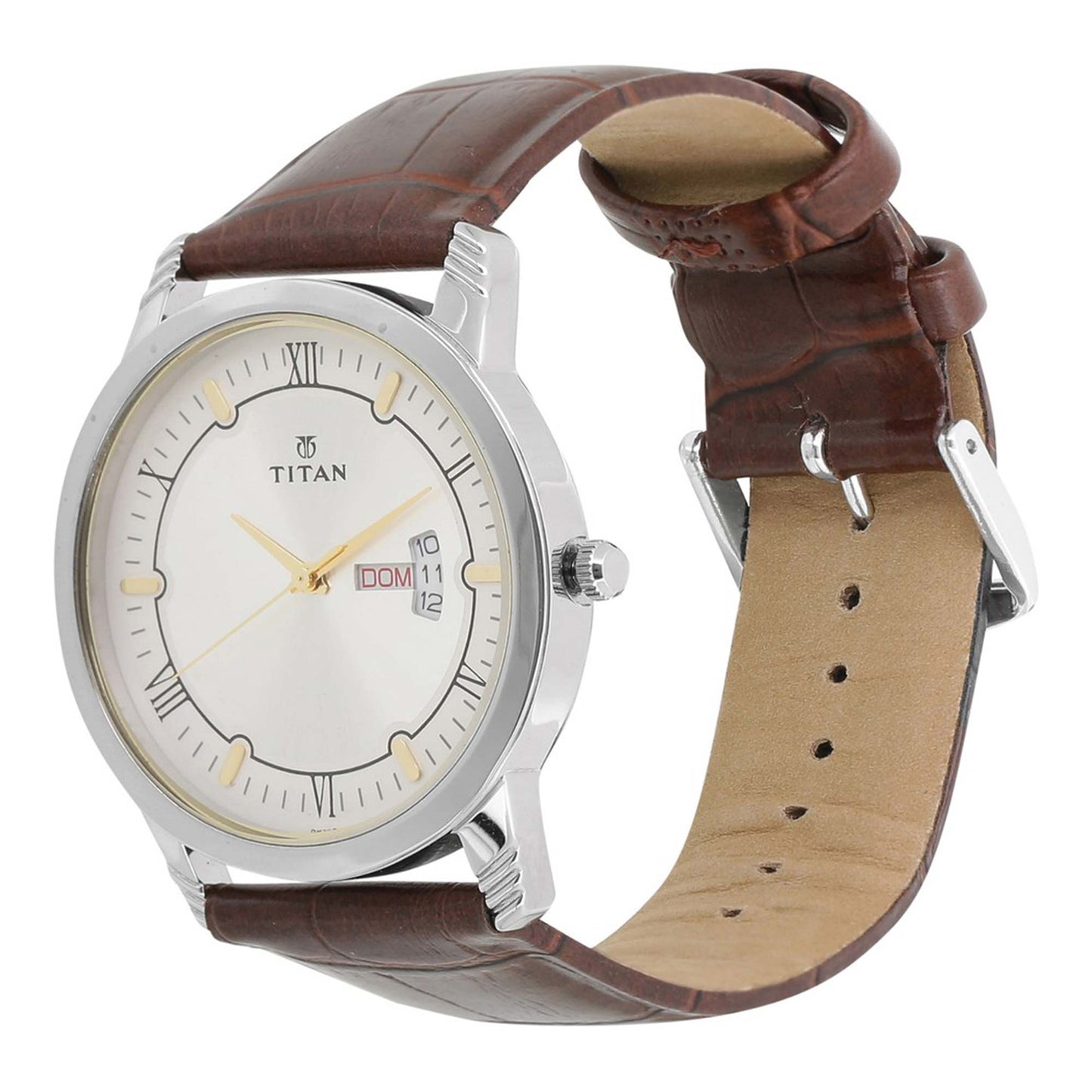Titan Quartz Analog with Day and Date Silver Dial Leather Strap Watch for Men