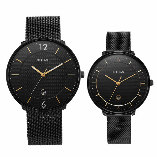 Titan Bandhan Black Dial Analog with Date Stainless Steel Strap watch for Couple