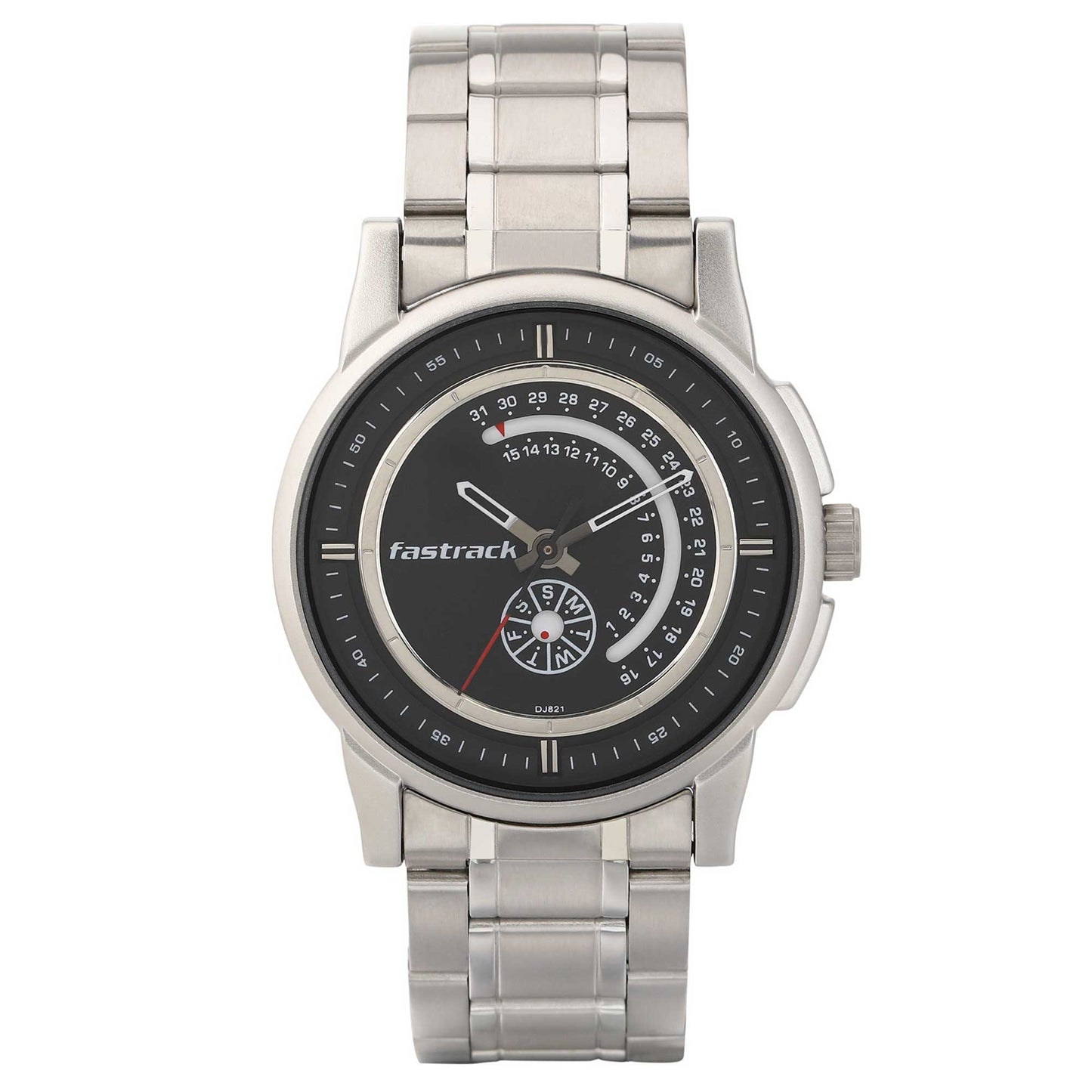 Fastrack Go Skate Quartz Analog with Day and Date Black Dial Stainless Steel Strap Watch for Guys