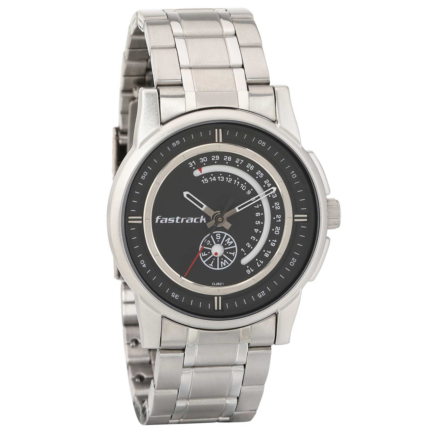 Fastrack Go Skate Quartz Analog with Day and Date Black Dial Stainless Steel Strap Watch for Guys