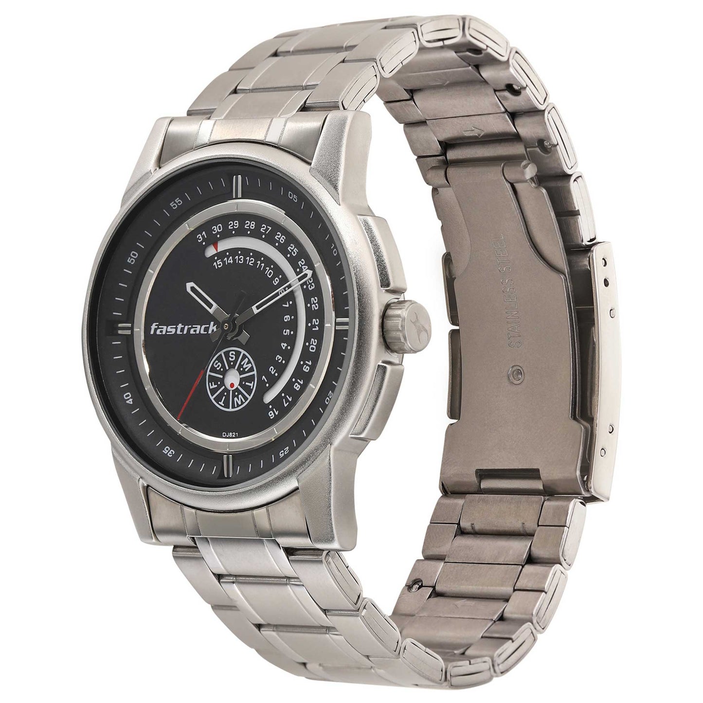 Fastrack Go Skate Quartz Analog with Day and Date Black Dial Stainless Steel Strap Watch for Guys