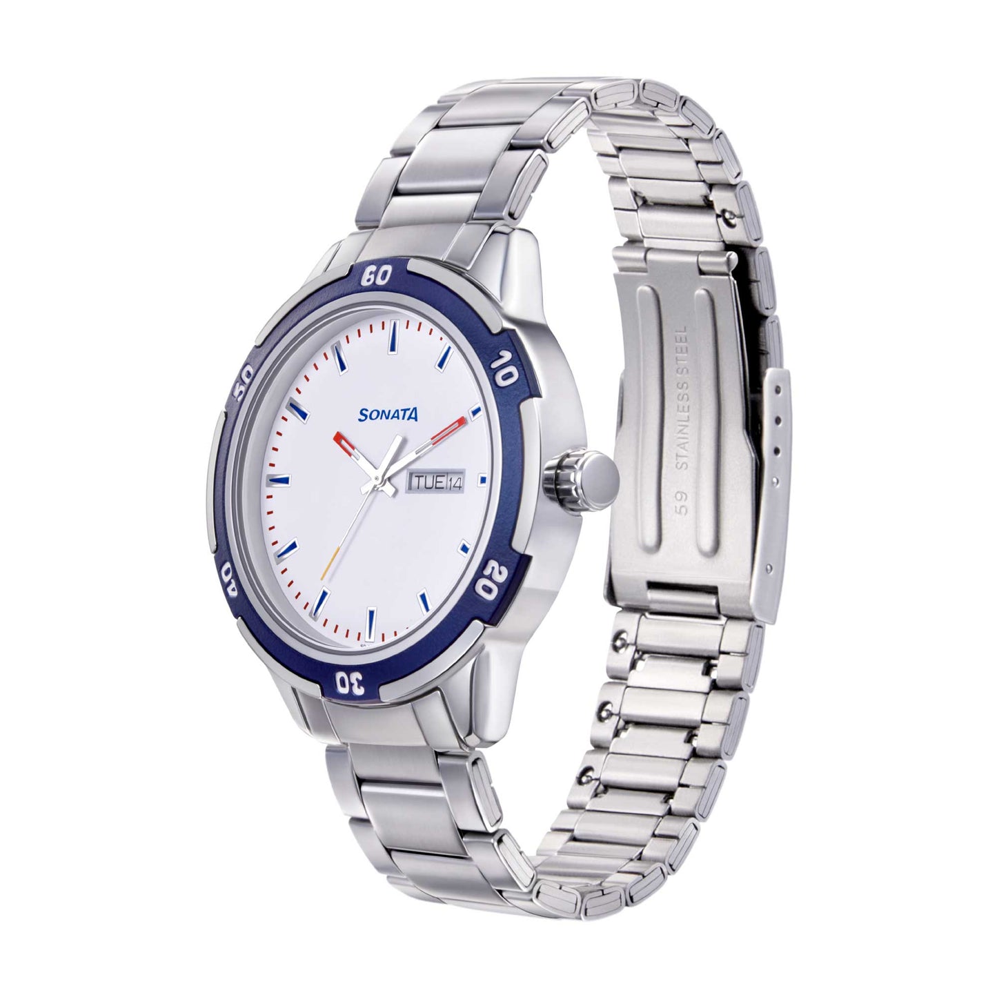Sonata Quartz Analog with Day and Date White Dial Metal Strap Watch for Men