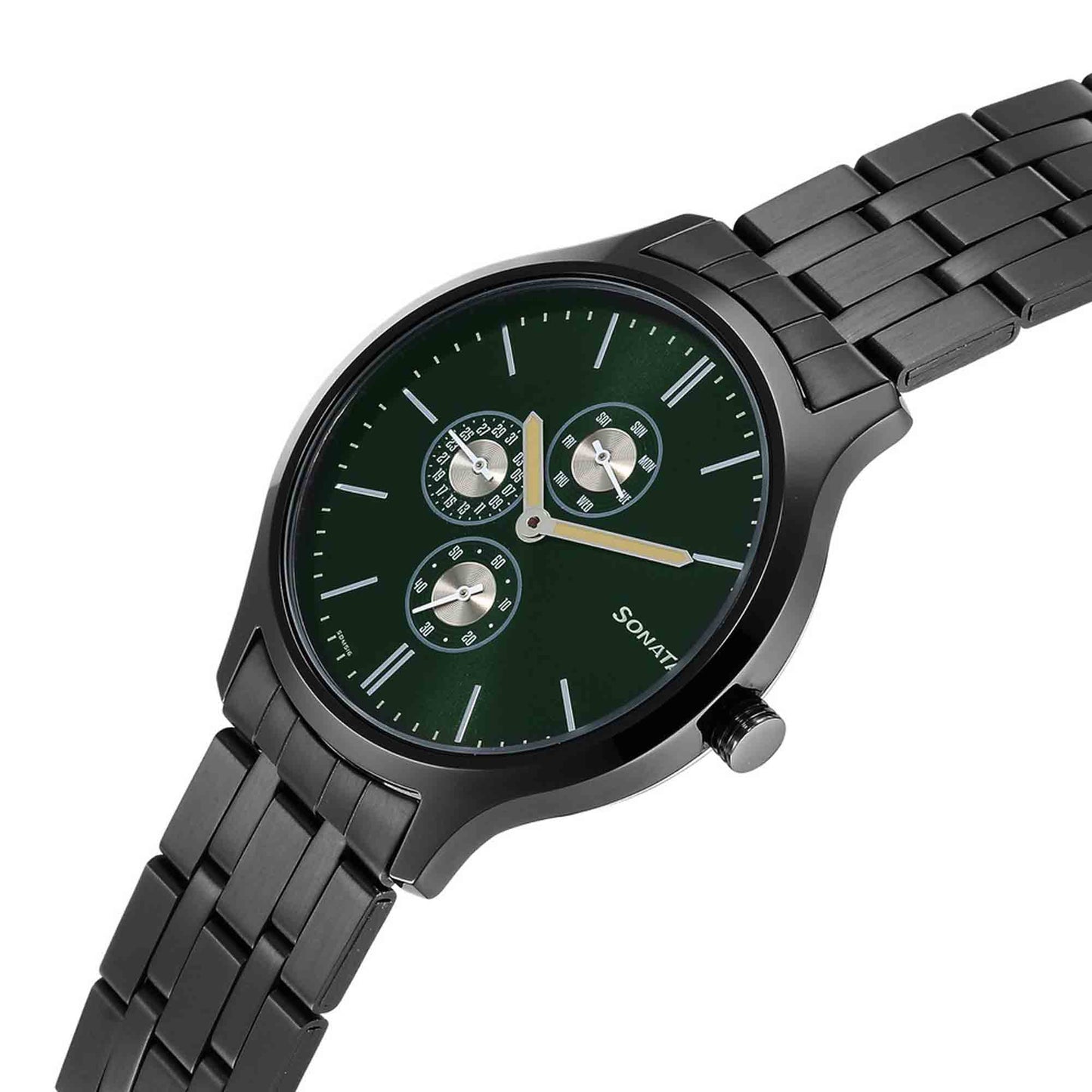 Sonata Quartz Multifunction Green Dial Stainless Steel Strap Watch for Men