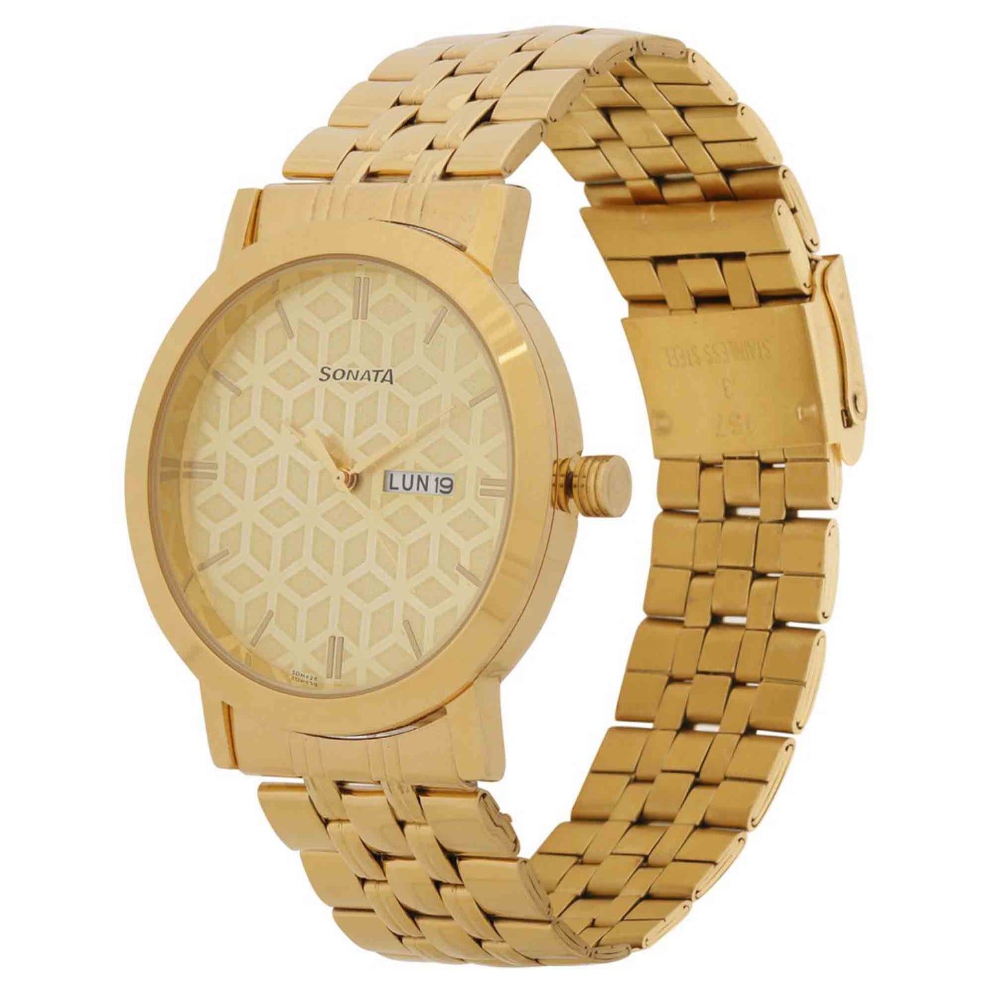 Sonata Quartz Analog with Day and Date Golden Dial Stainless Steel Strap Watch for Men