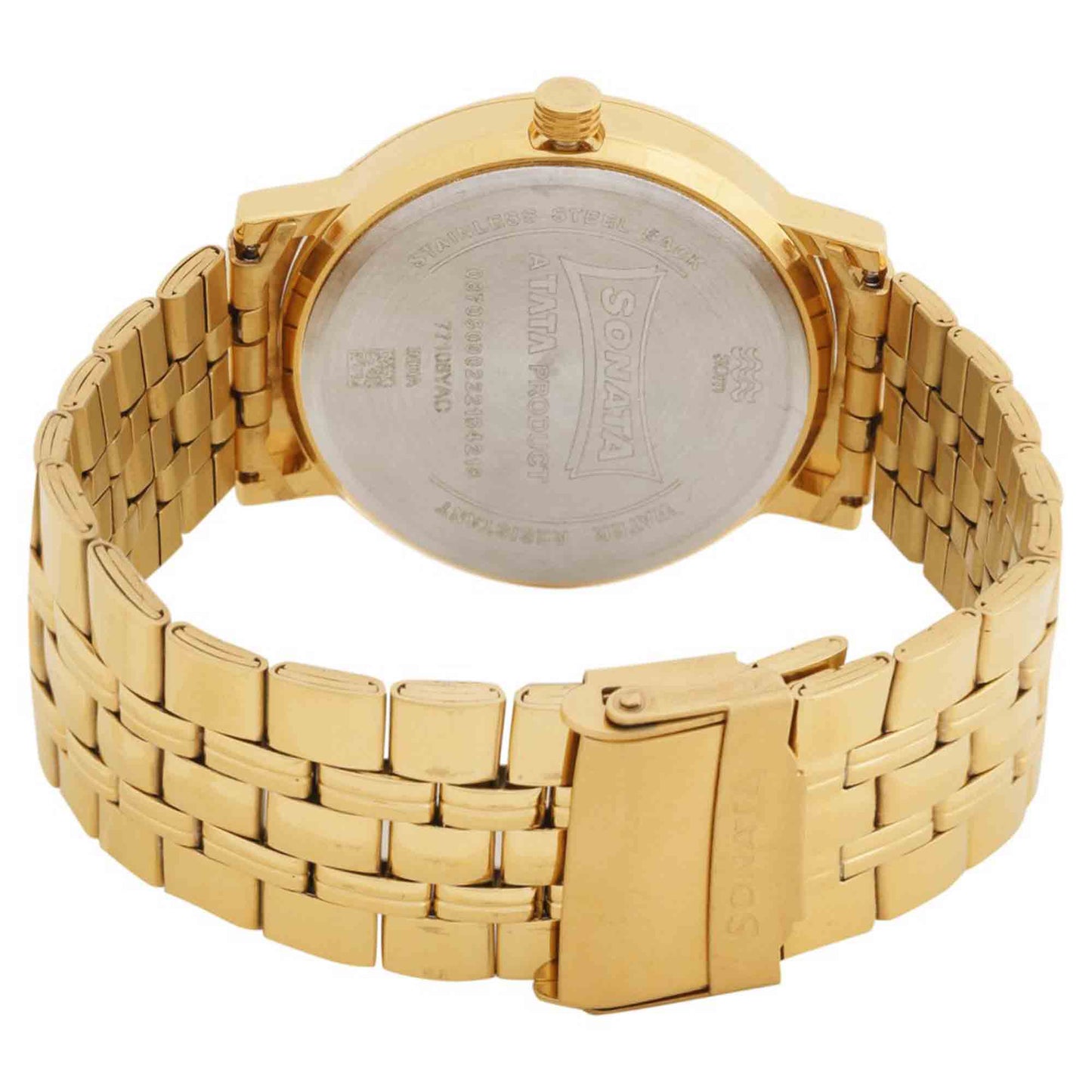 Sonata Quartz Analog with Day and Date Golden Dial Stainless Steel Strap Watch for Men