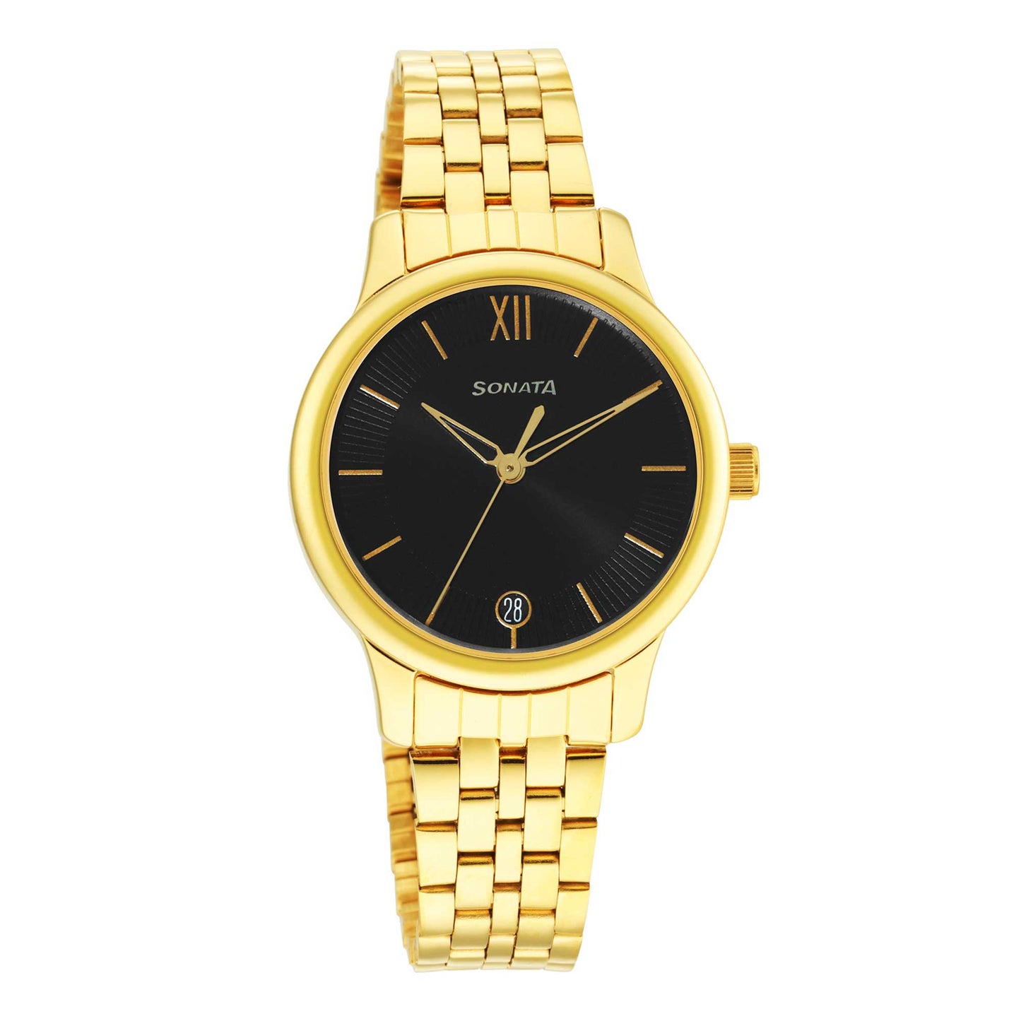 Classic Gold Black Dial Metal Strap Watch for Women