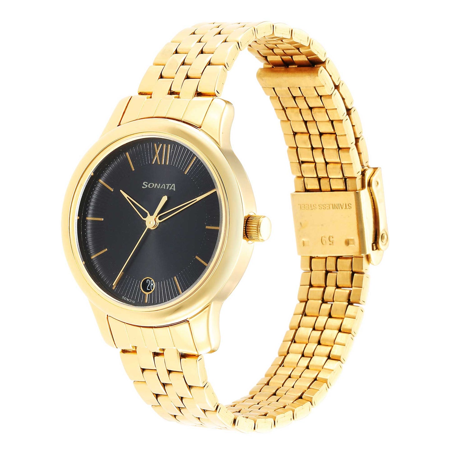 Classic Gold Black Dial Metal Strap Watch for Women