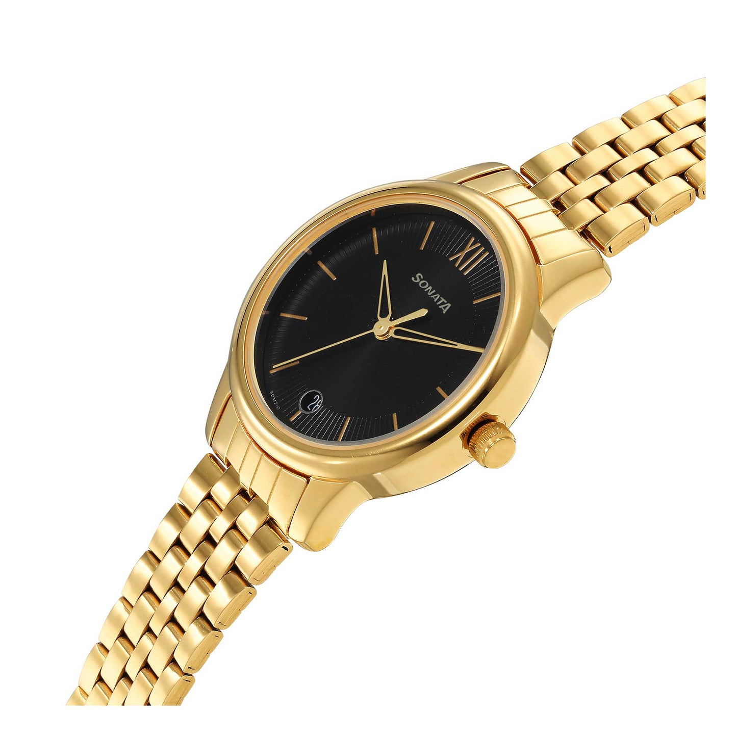Classic Gold Black Dial Metal Strap Watch for Women