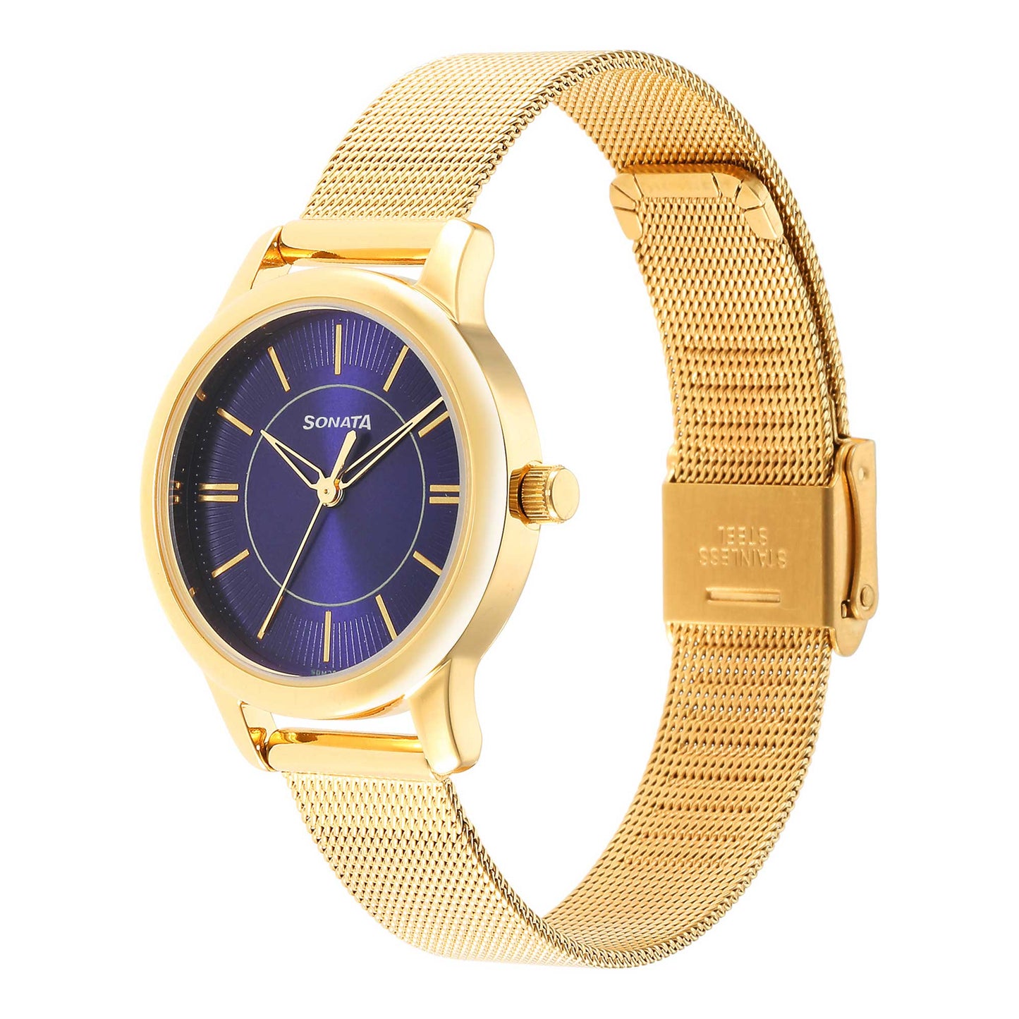 Classic Gold Blue Dial Metal Strap Watch for Women