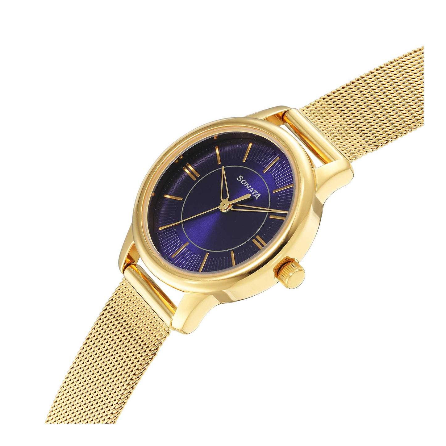 Classic Gold Blue Dial Metal Strap Watch for Women