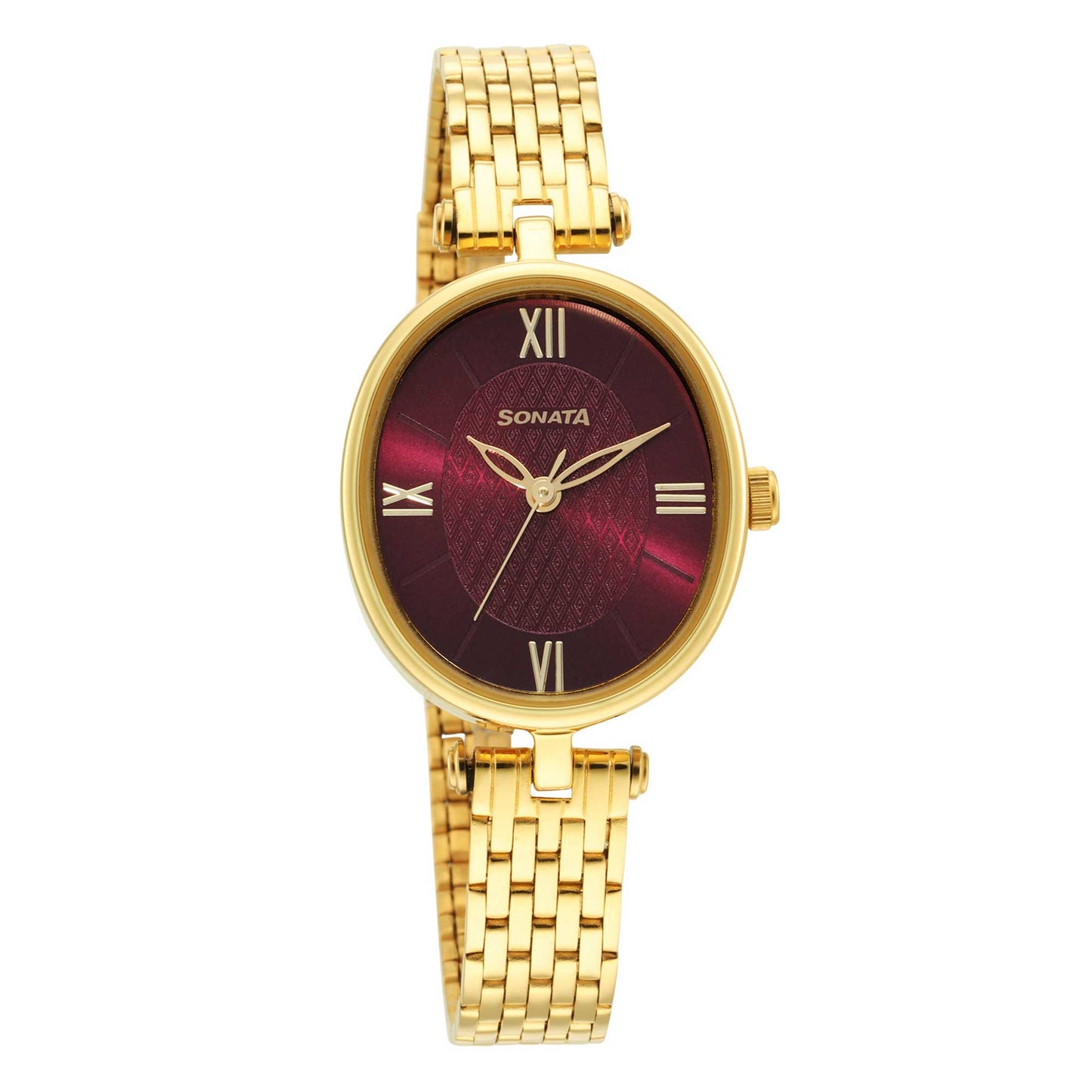 Classic Gold Maroon Dial Metal Strap Watch for Women