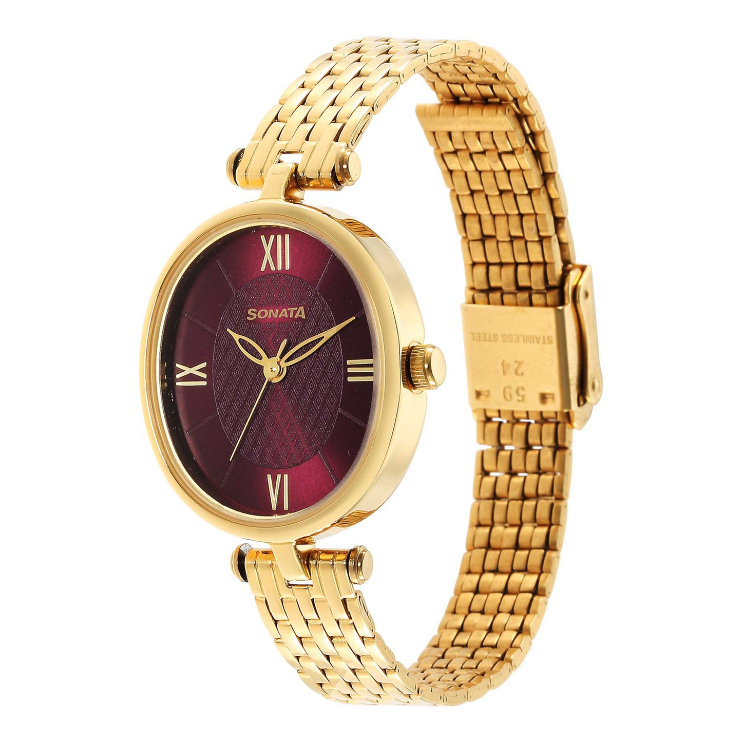 Classic Gold Maroon Dial Metal Strap Watch for Women