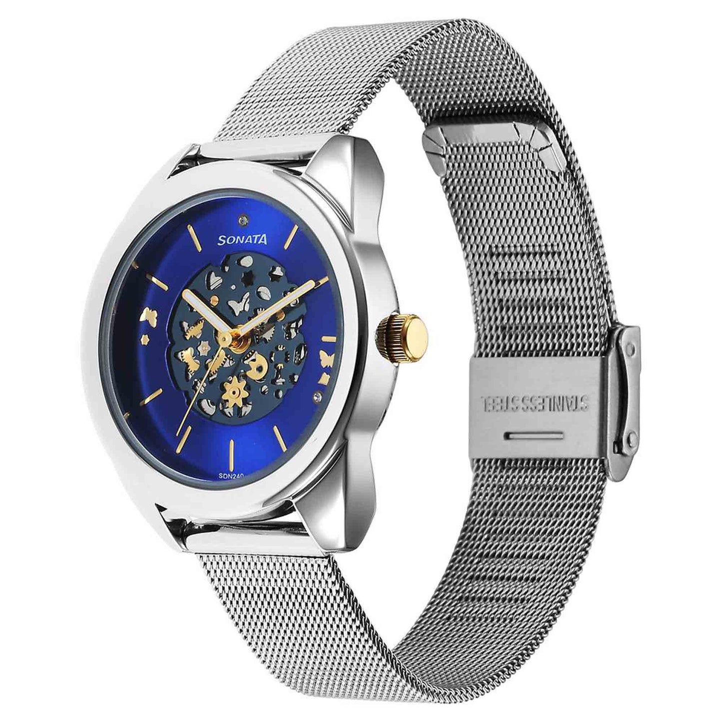 Sonata Unveil Quartz Multifunction Blue Dial Stainless Steel Strap Watch for Women