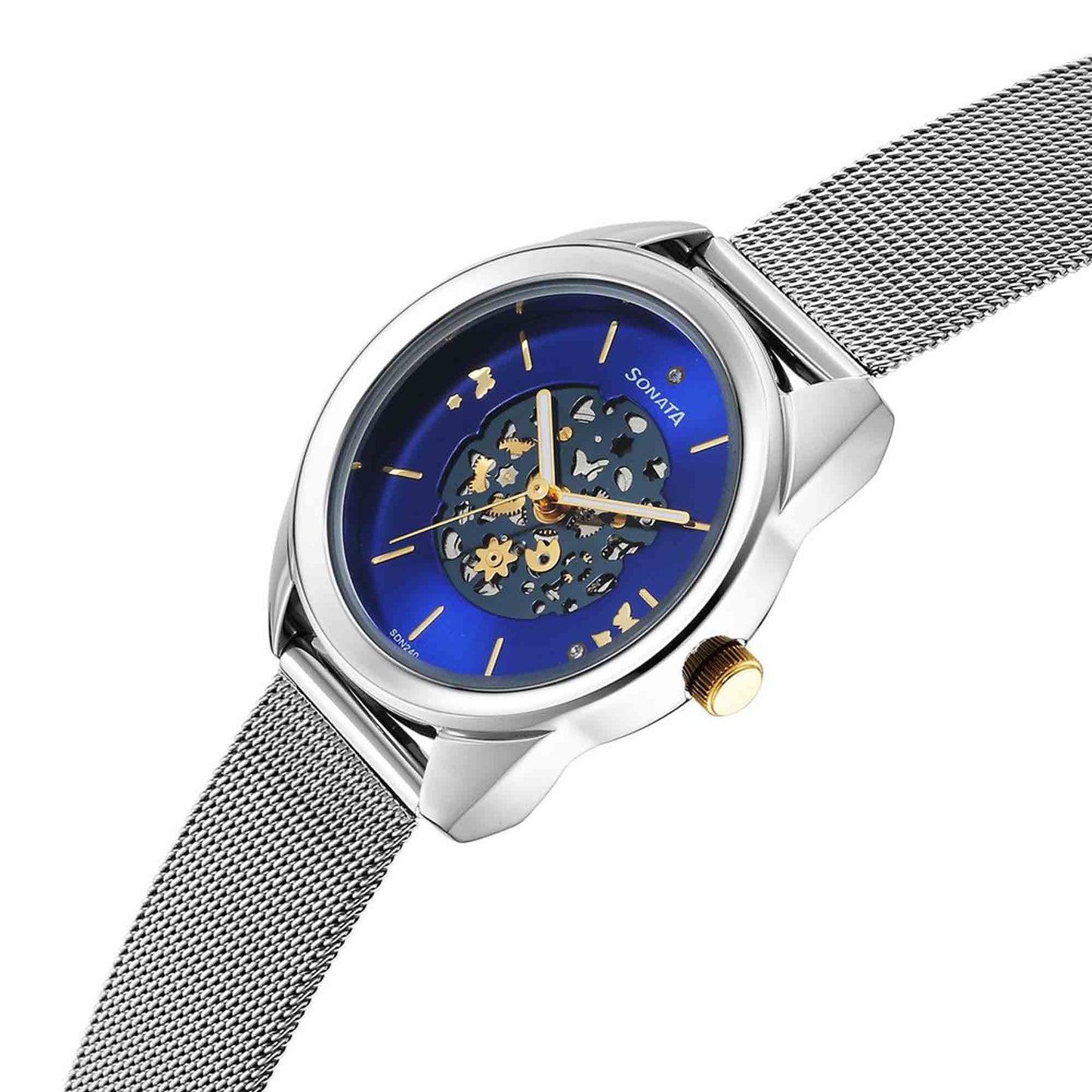 Sonata Unveil Quartz Multifunction Blue Dial Stainless Steel Strap Watch for Women