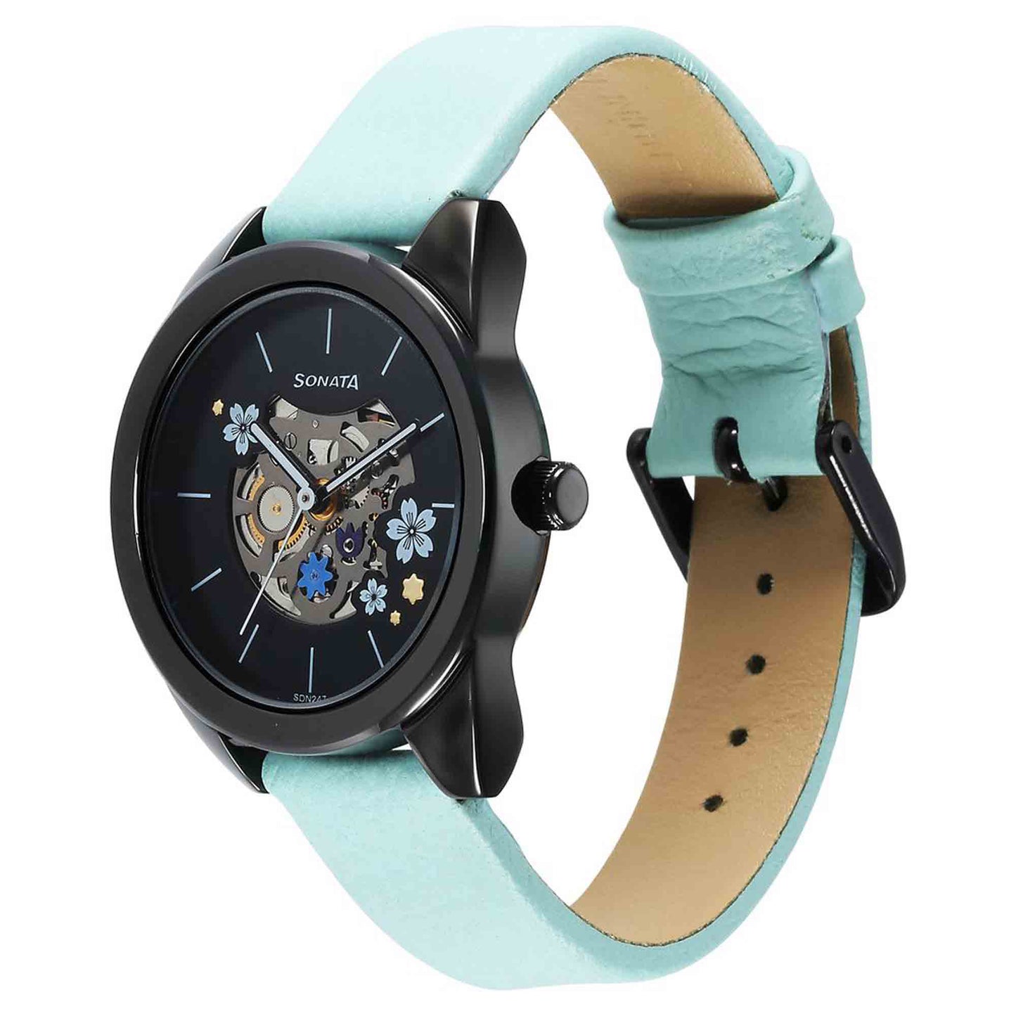 Sonata Unveil Quartz Multifunction Black Dial Leather Strap Watch for Women