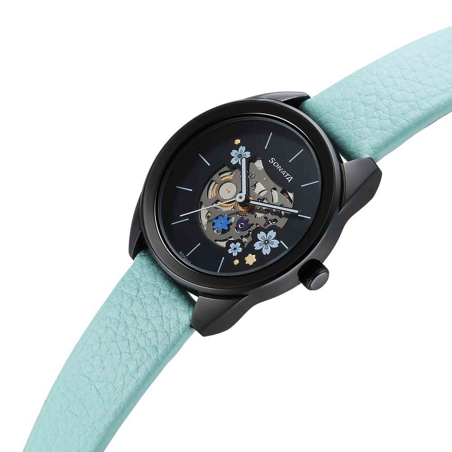 Sonata Unveil Quartz Multifunction Black Dial Leather Strap Watch for Women