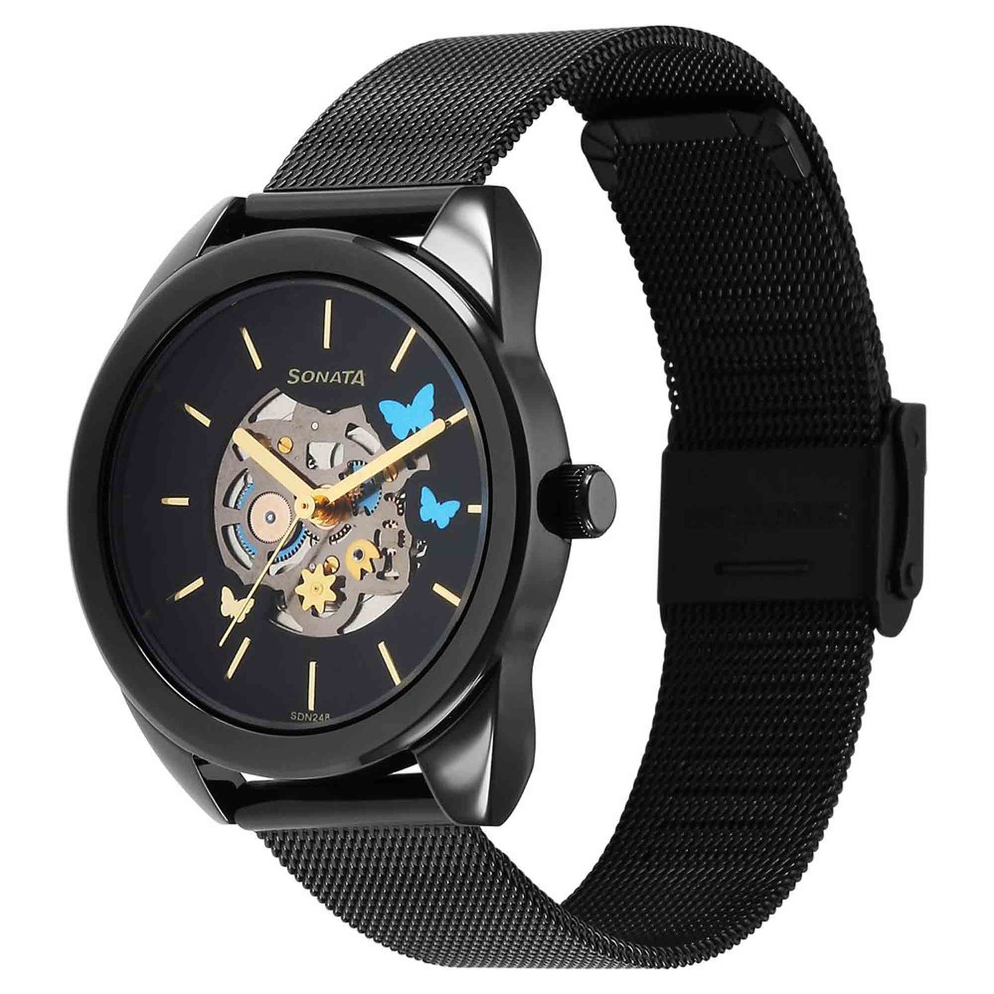 Sonata Unveil Quartz Multifunction Black Dial Stainless Steel Strap Watch for Women