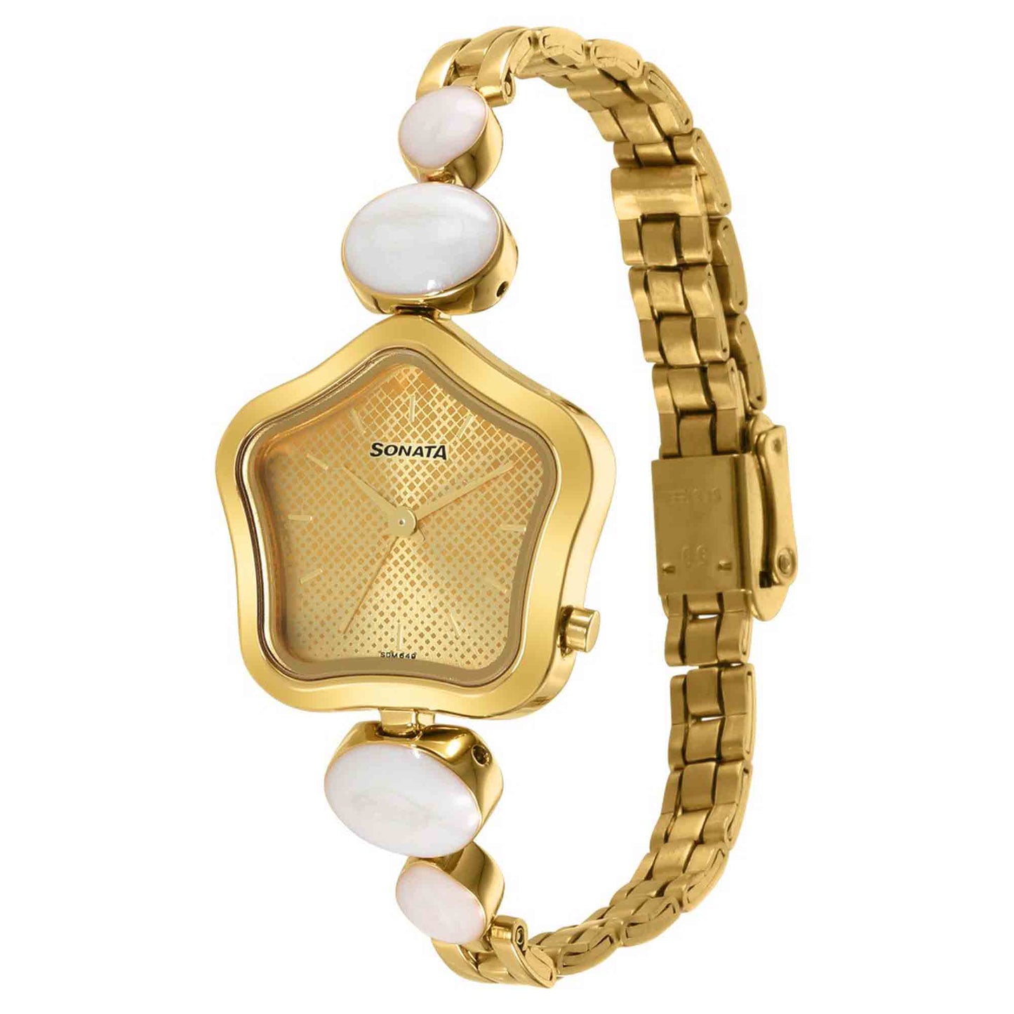 Sonata Utsav Beige Dial Yellow Bi Metal Strap Watch for Women