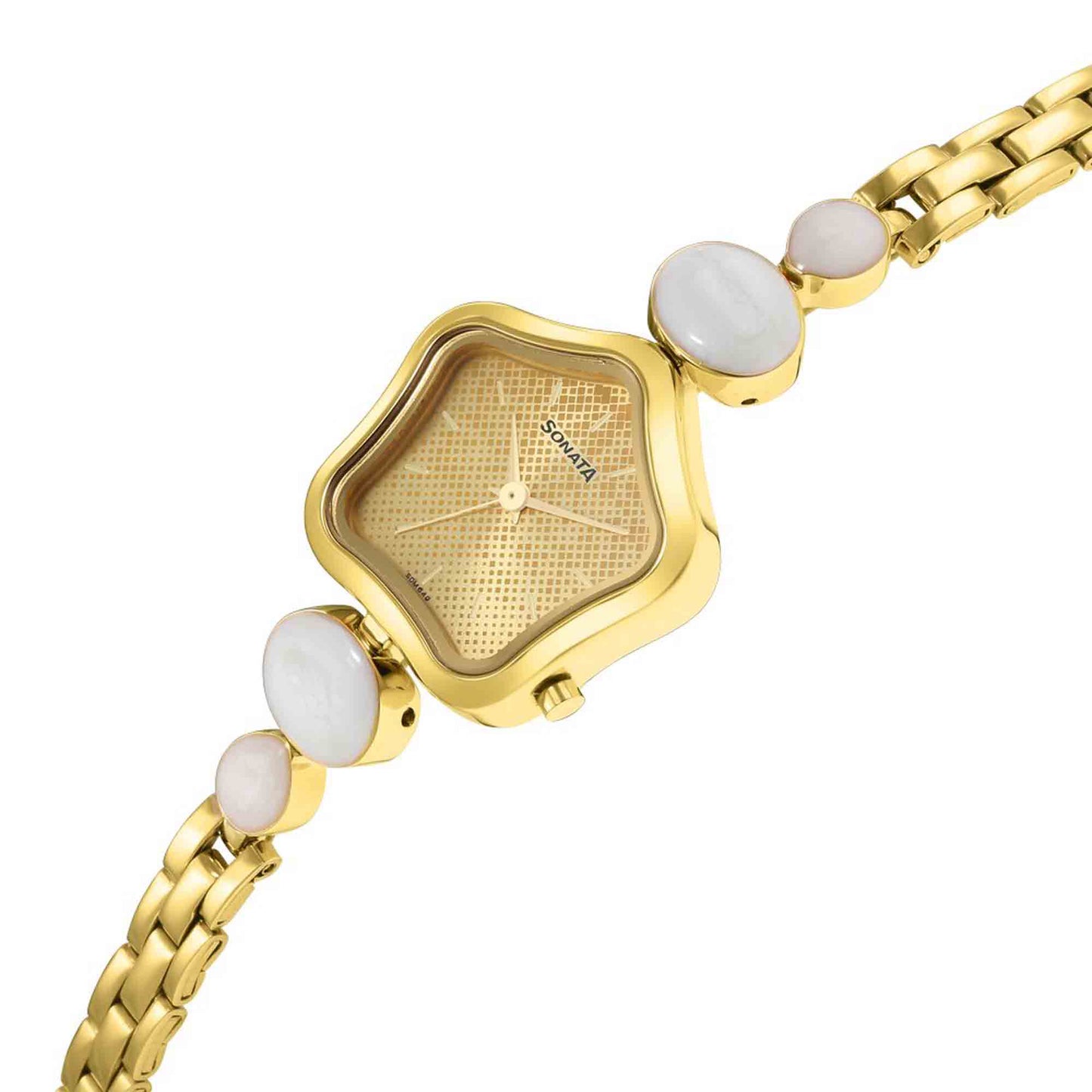 Sonata Utsav Beige Dial Yellow Bi Metal Strap Watch for Women