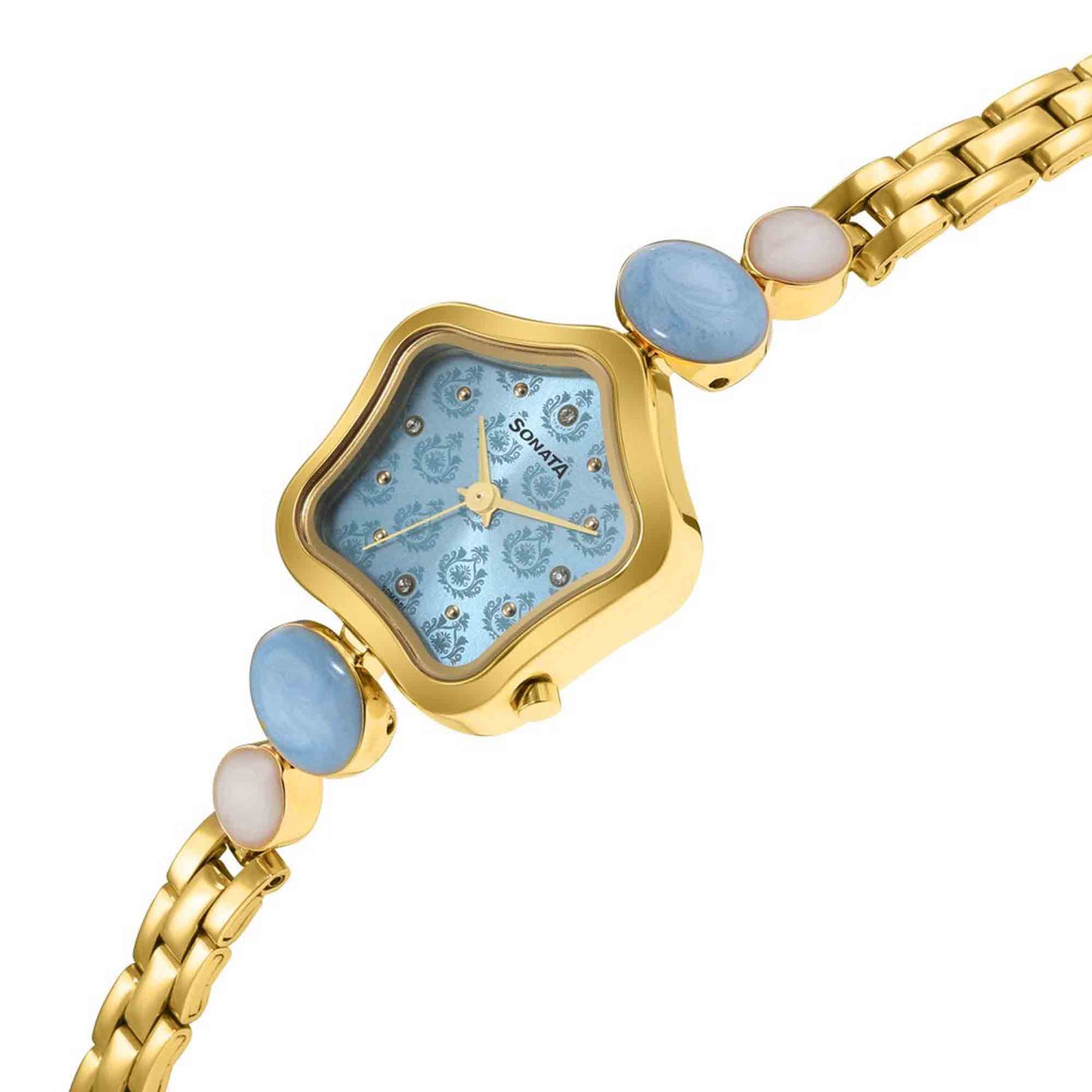 Sonata Utsav Blue Dial Yellow Bi Metal Strap Watch for Women