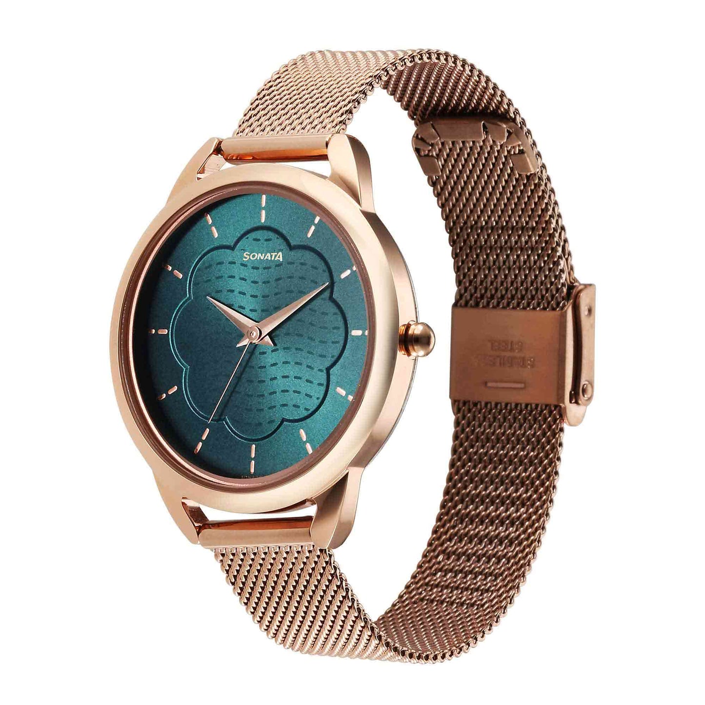 Sonata Wedding Quartz Alog Green Dial Stainless Steel Strap Watch for Women