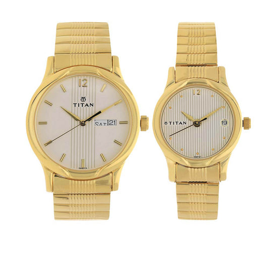 Titan Quartz Analog with Day and Date White Dial Metal Strap Watch for Couple