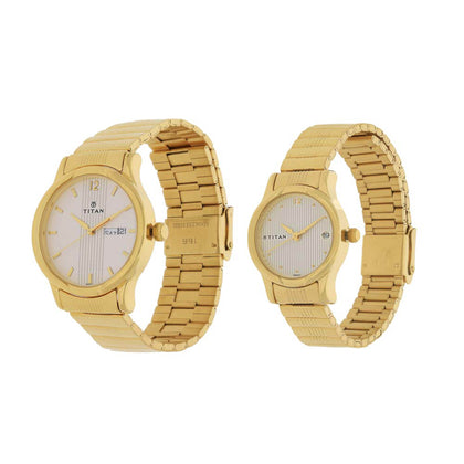 Titan Quartz Analog with Day and Date White Dial Metal Strap Watch for Couple