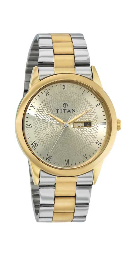 Titan Quartz Analog with Day and Date Champagne Dial Stainless Steel Strap Watch for Men