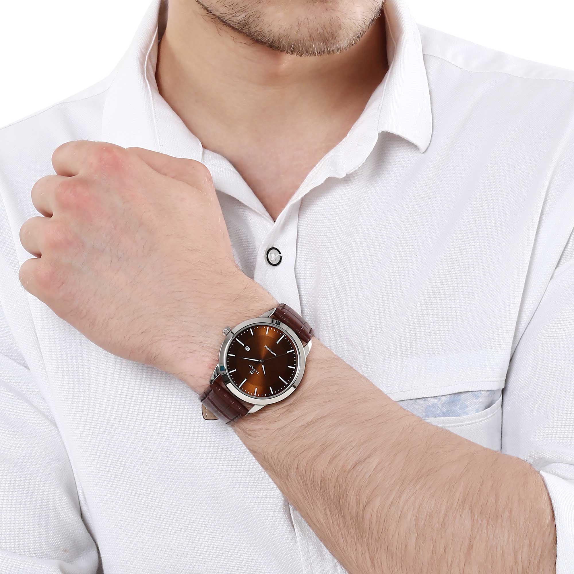 Titan Quartz Analog with Date Brown Dial Leather Strap Watch for Men