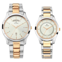 Titan Quartz Analog with Day and Date Silver Dial Stainless Steel Strap Watch for Couple