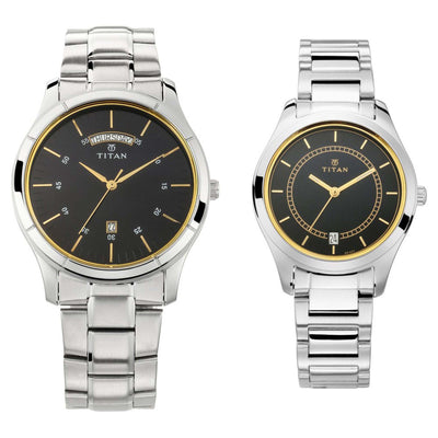 Titan Bandhan Blue Dial Analog with Day and Date Stainless Steel Strap watch for Couple