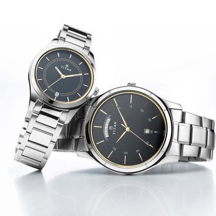 Titan Bandhan Blue Dial Analog with Day and Date Stainless Steel Strap watch for Couple