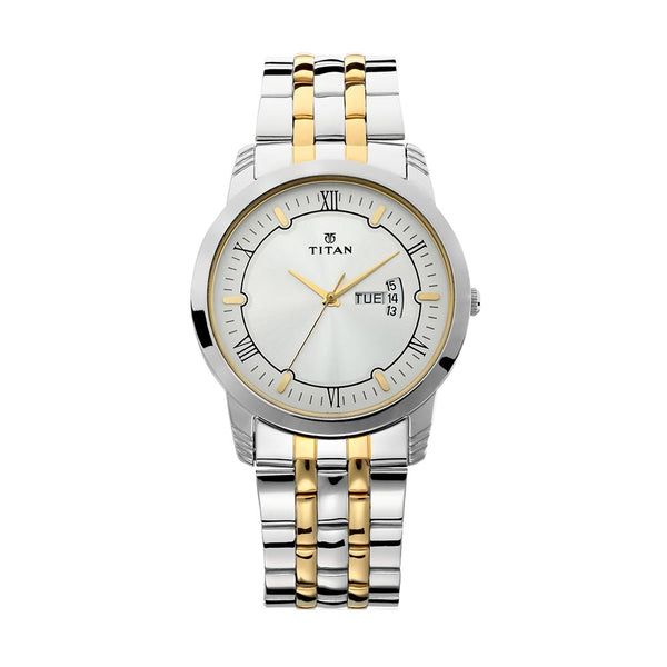 Titan Metal Silver Analog with Day and Date Stainless Steel Strap Watch for Men