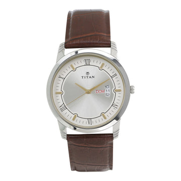 Titan Quartz Analog with Day and Date Silver Dial Leather Strap Watch for Men