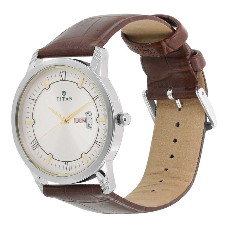 Titan Quartz Analog with Day and Date Silver Dial Leather Strap Watch for Men