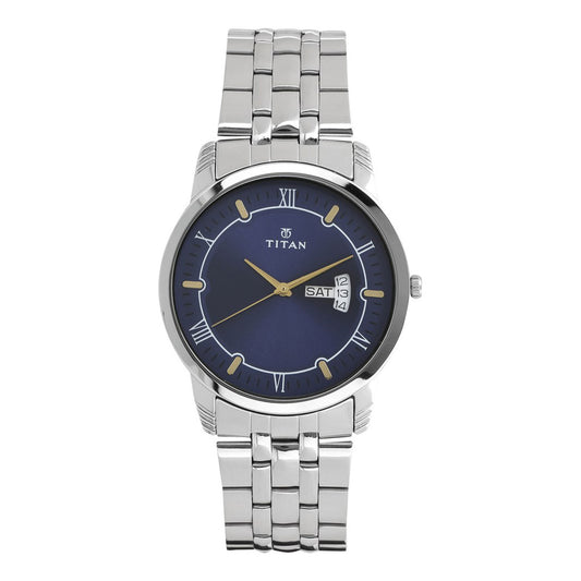 Titan Analog with Day and Date Blue Dial Stainless Steel Strap watch for Men