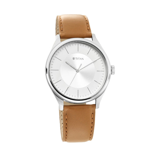 Titan Quartz Analog Silver Dial Leather Strap Watch for Men