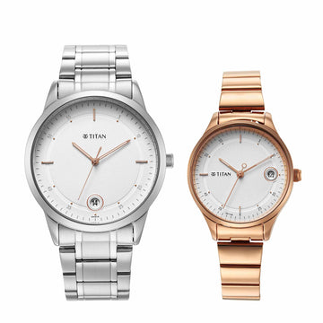 Titan Bandhan White Dial Analog Date Stainless Steel Strap watch for Couple