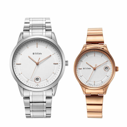 Titan Bandhan White Dial Analog Date Stainless Steel Strap watch for Couple