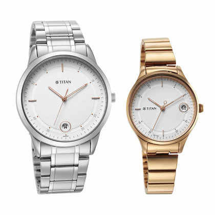 Titan Bandhan White Dial Analog Date Stainless Steel Strap watch for Couple