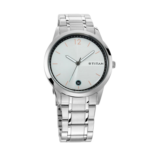 Titan Quartz Analog with Date White Dial Stainless Steel Strap Watch for Men