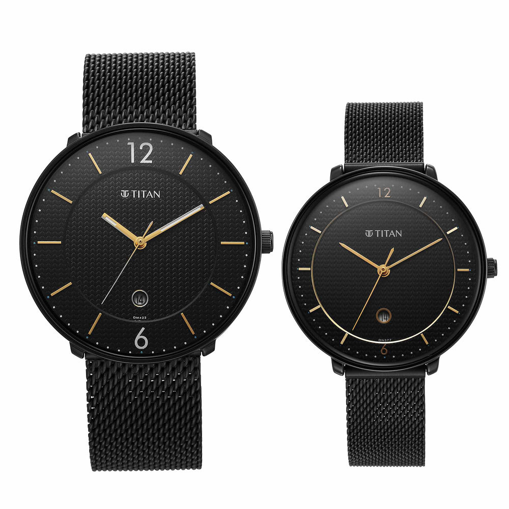Titan Bandhan Black Dial Analog with Date Stainless Steel Strap watch for Couple