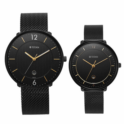 Titan Bandhan Black Dial Analog with Date Stainless Steel Strap watch for Couple