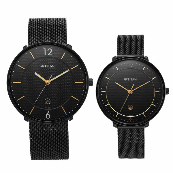 Titan Bandhan Black Dial Analog with Date Stainless Steel Strap watch for Couple