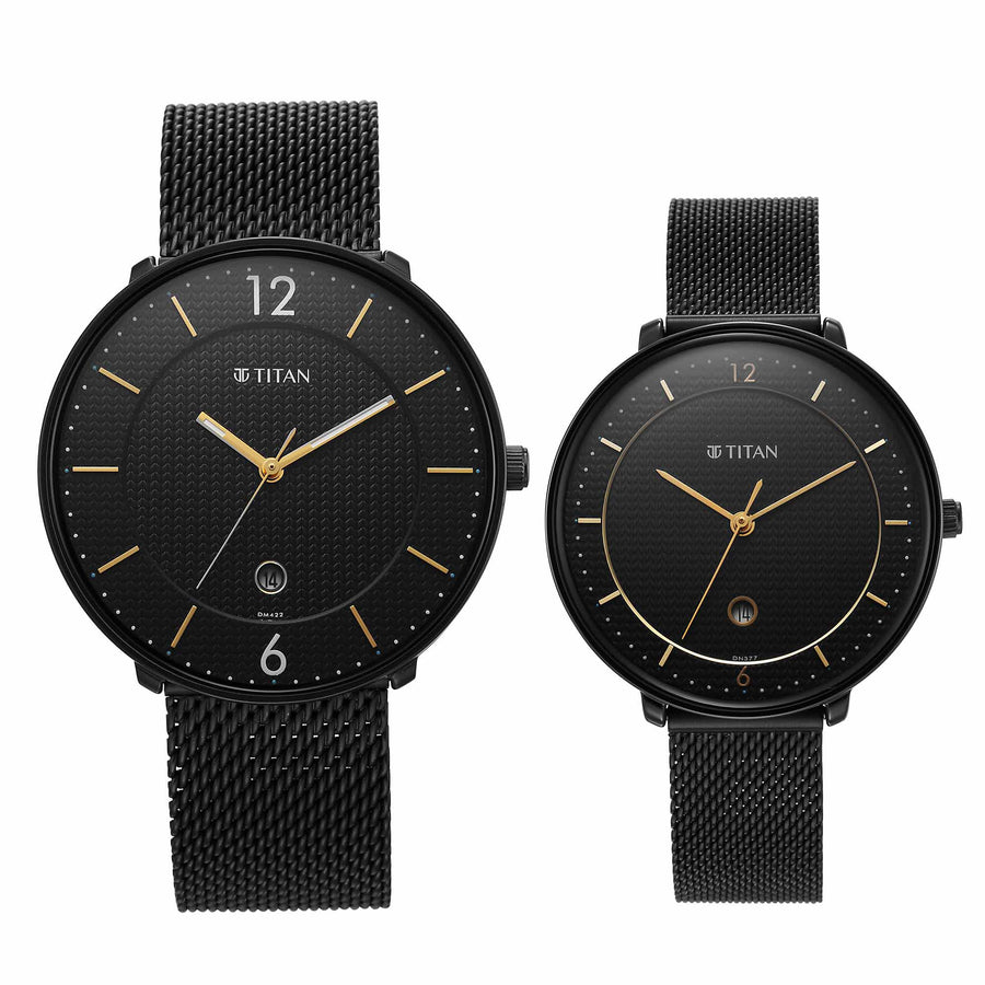 Titan Bandhan Black Dial Analog with Date Stainless Steel Strap watch for Couple