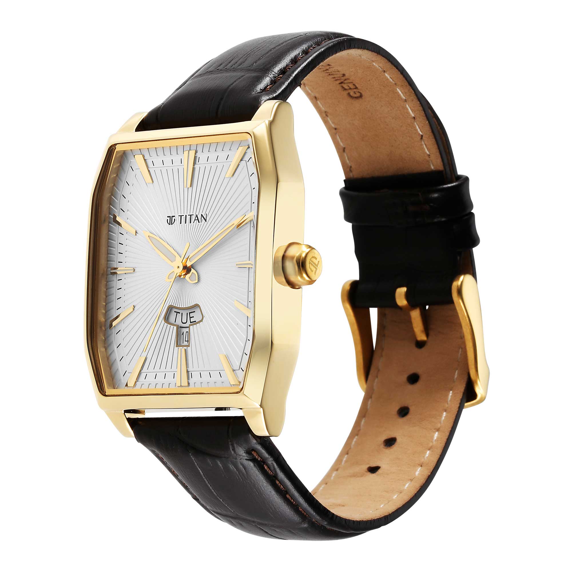 Titan Regalia Opulent White Dial Analog with Day and Date Leather Strap Watch for Men