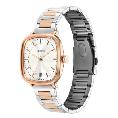 Titan Shaped Case Silver White Dial Metal Strap Watch