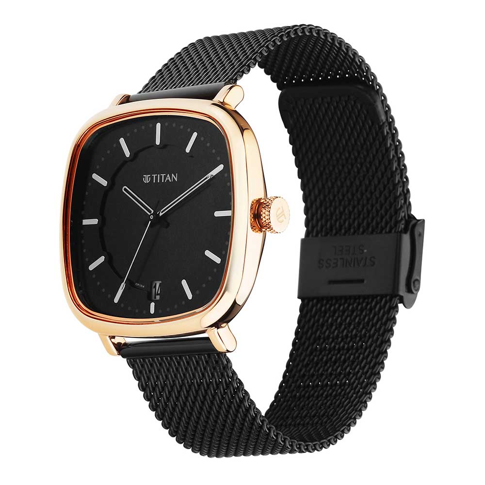Titan Shaped Case Black Dial Metal Strap Watch